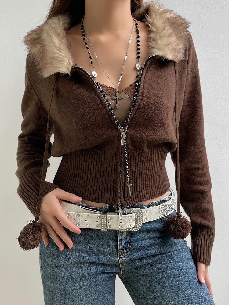 Cropped Design Zip-Up Cardigan Brown