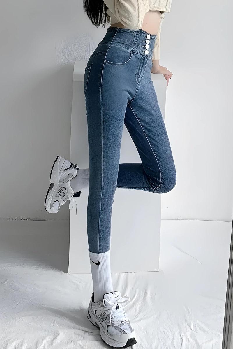 Cut Out Cross Waistband Skinny Jeans Navy