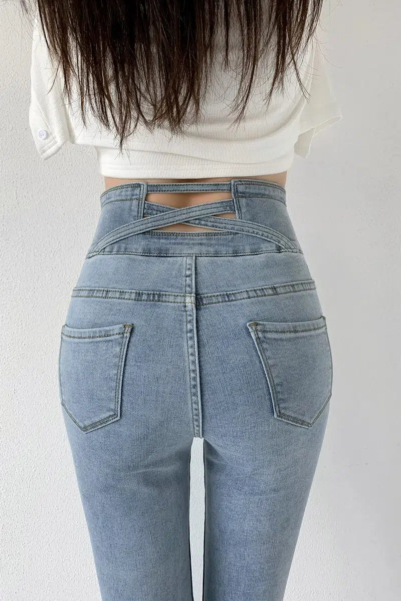 Cut Out Cross Waistband Skinny Jeans Light Blue