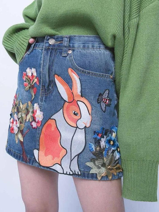 Cute Rabbit Denim Mini Skirt Blue