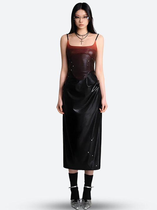 Cyberpunk Faux Leather Midi Dress Black