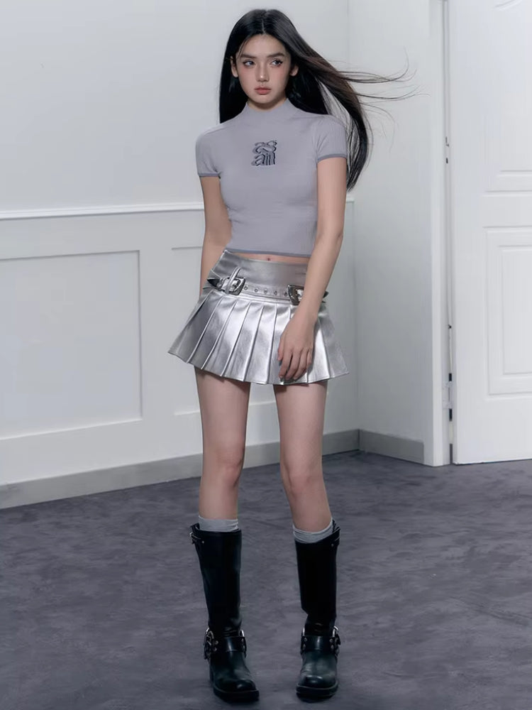 Cyberpunk Metallic Mini Skirt Silver