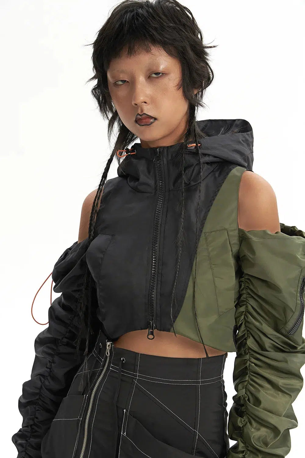 Cyberpunk Ruched Sleeve Puffer Green Jacket