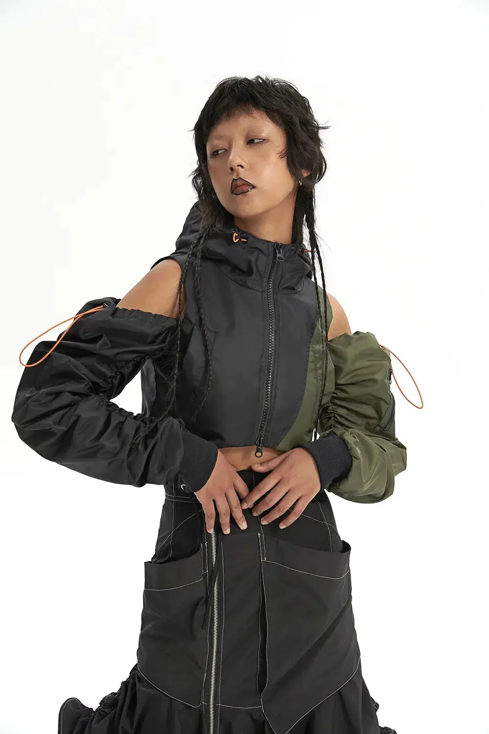 Cyberpunk Ruched Sleeve Puffer Green Jacket