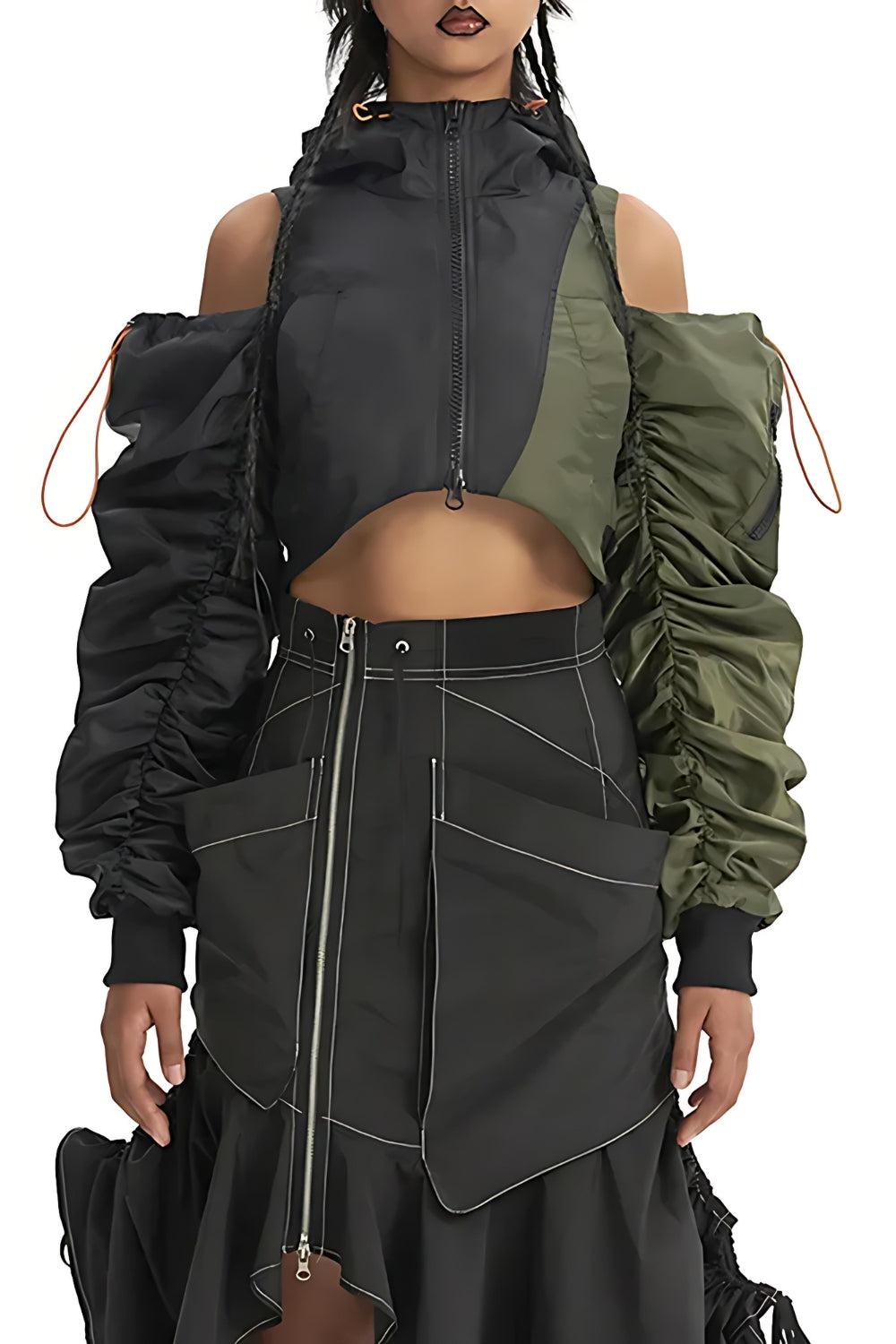 Cyberpunk Ruched Sleeve Puffer Green Jacket