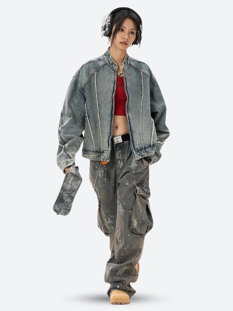 Cyberpunk Zip-Up Denim Jacket Gray