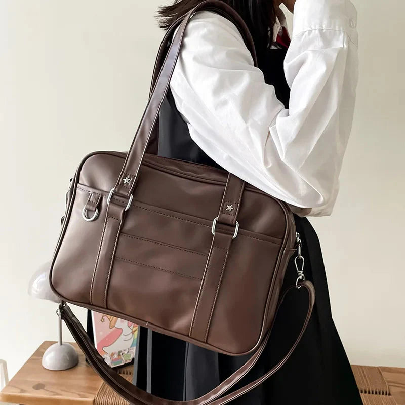 Dark Academia Faux Leather Messenger Bag Brown