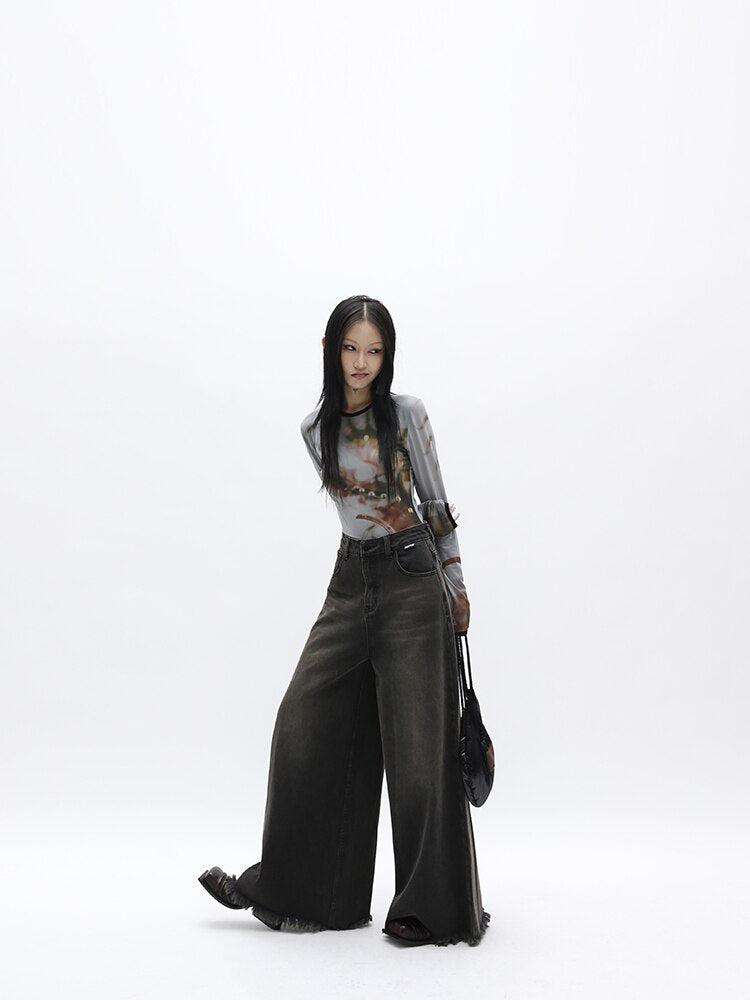 Dark Wash Distressed Wide Leg Jeans