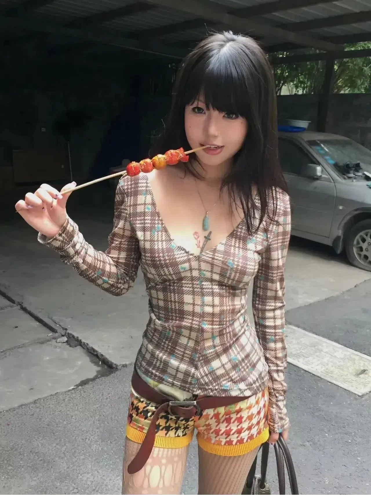 Deep V Neck Plaid Top Brown