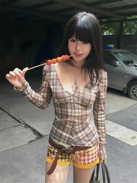 Deep V Neck Plaid Top Brown
