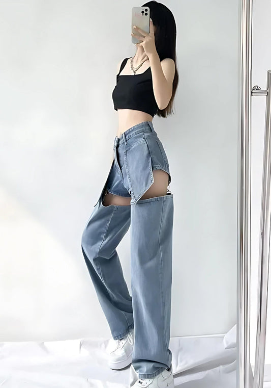 Detachable Straight Leg Jeans Blue