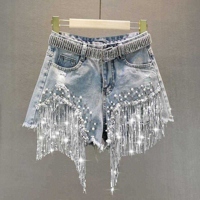 Disco Cowgirl Rhinestone Fringe Denim Shorts Light Blue