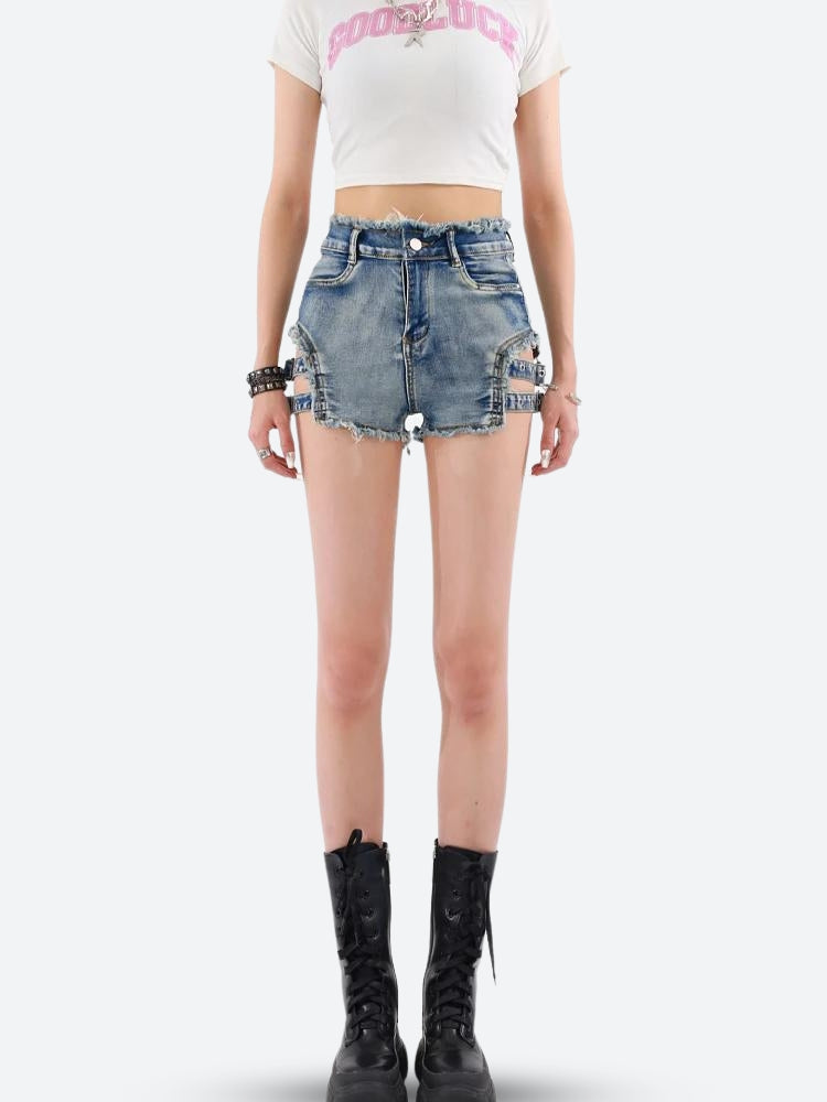 Distressed Cut Out Denim Shorts Light Blue