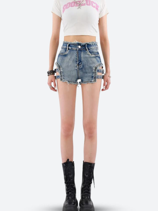 Distressed Cut Out Denim Shorts Light Blue