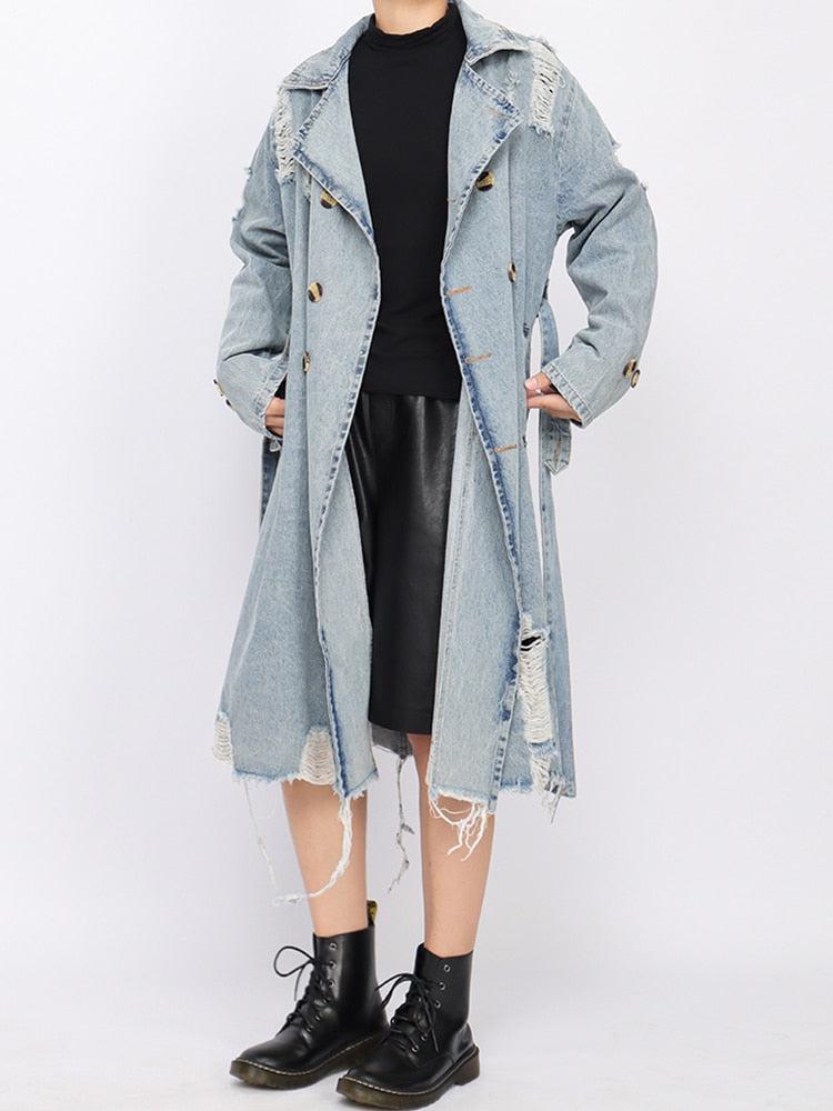 Distressed Denim Trench Coat Blue