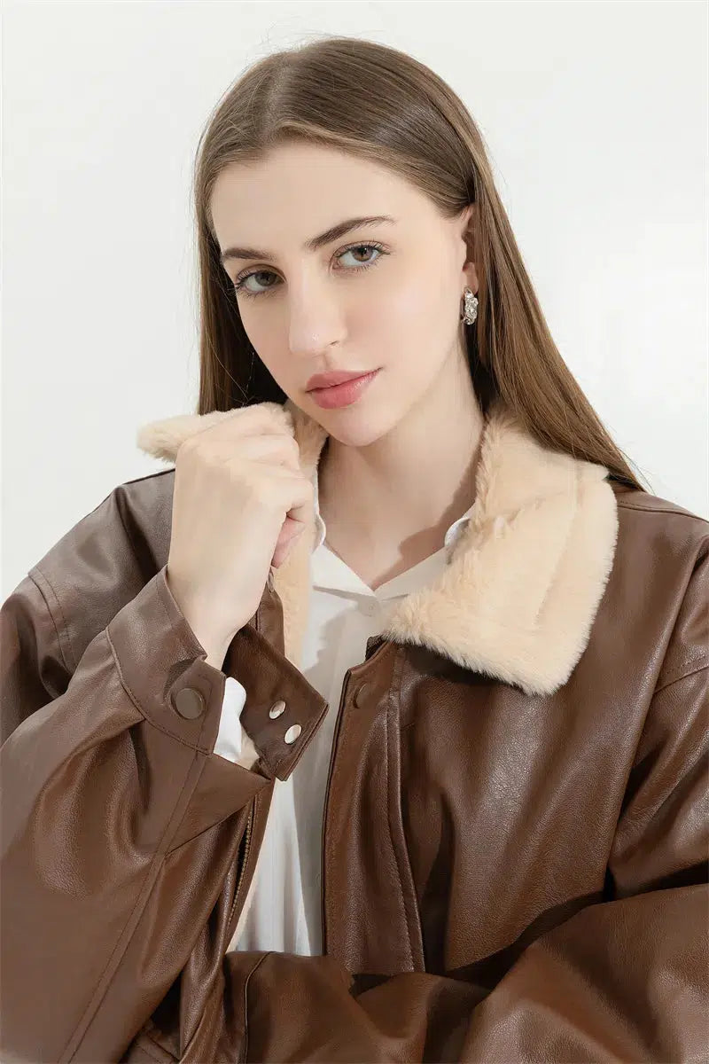 Double-Faced Faux Brown Leather Jacket