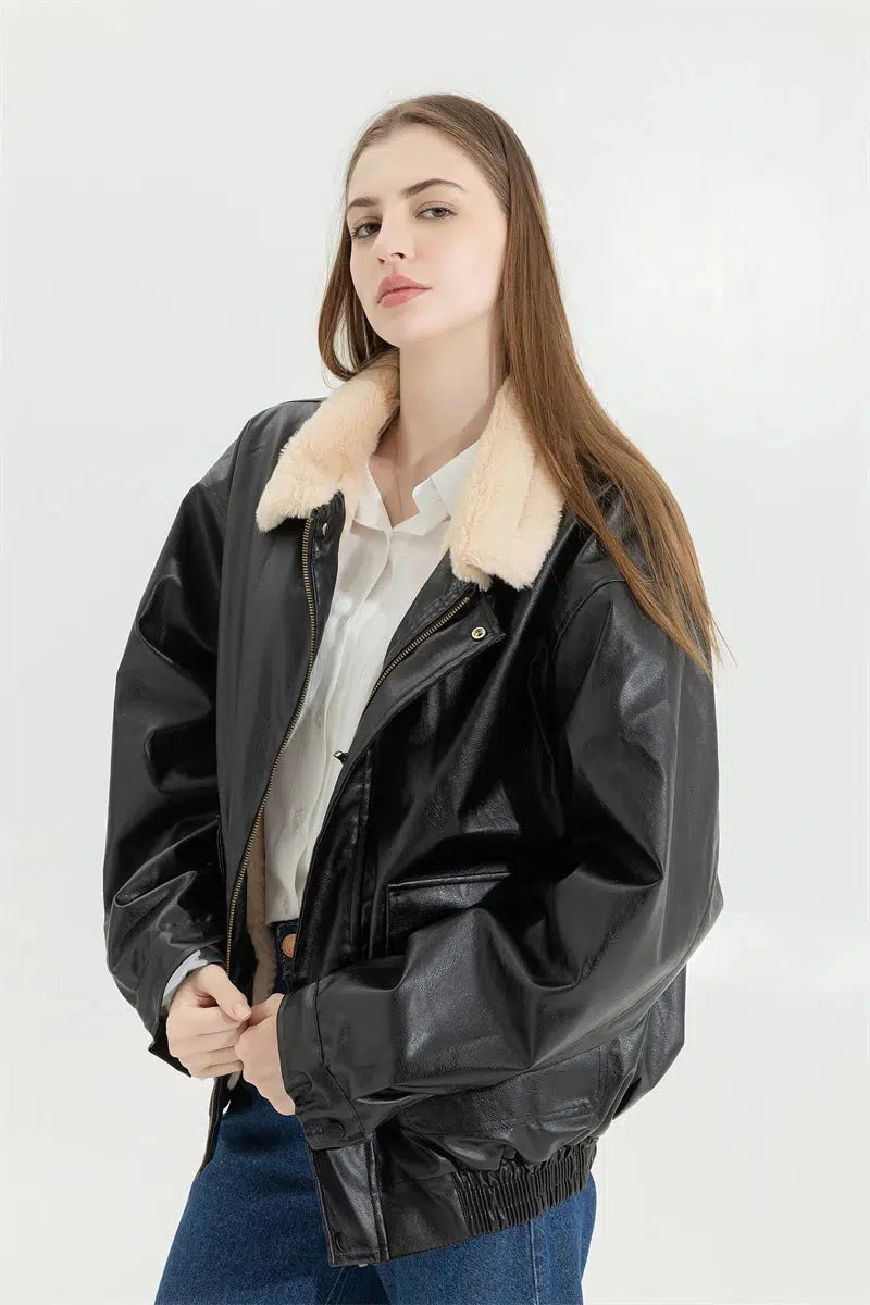 Double-Faced Faux Brown Leather Jacket Black One Size