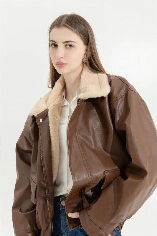 Double-Faced Faux Brown Leather Jacket Brown One Size