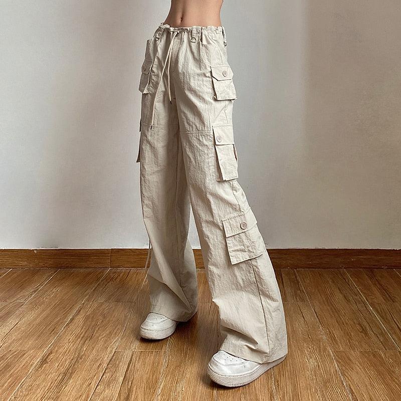 Drawstring Low Rise Cargo Pants Beige