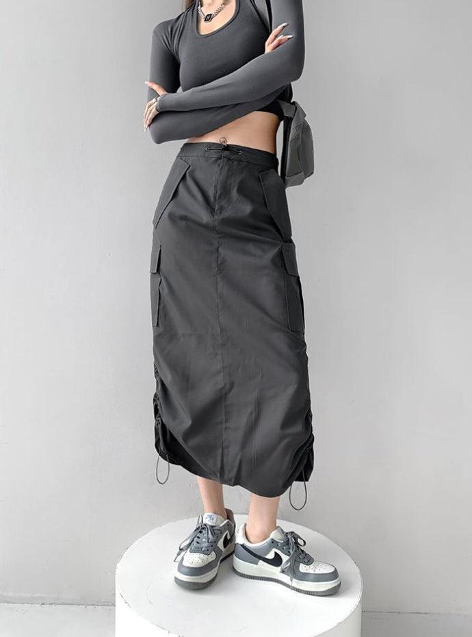 Drawstring Parachute Midi Skirt Gray