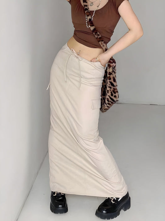 Drawstring Waist Parachute Maxi Skirt Beige