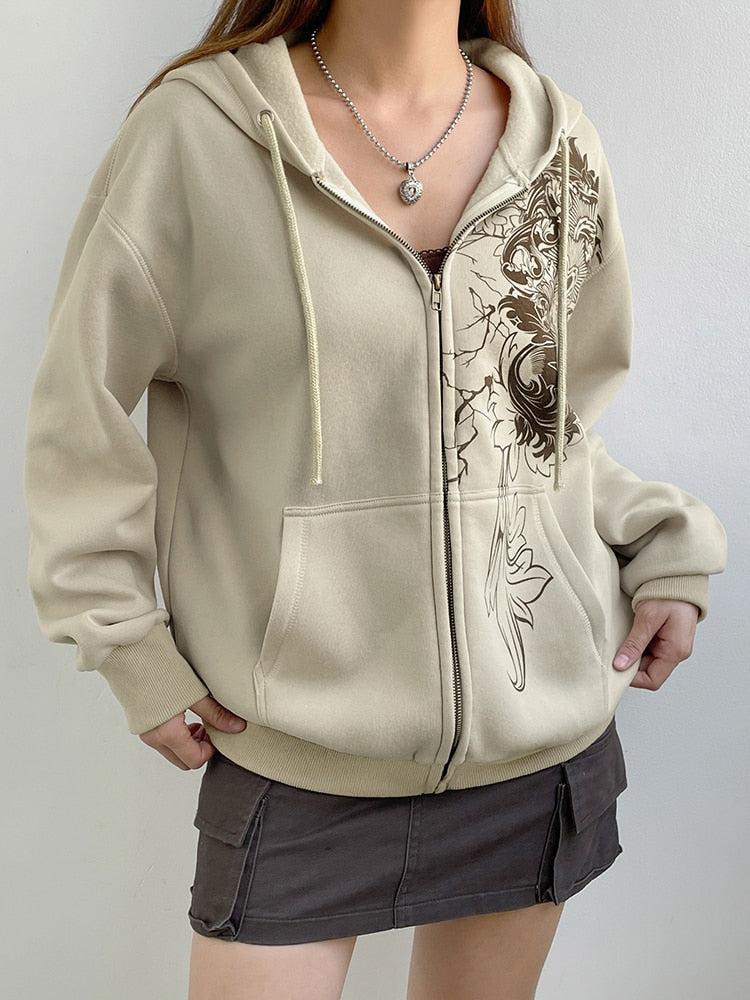 Fairy Grunge Floral Zip-Up Hoodie Beige