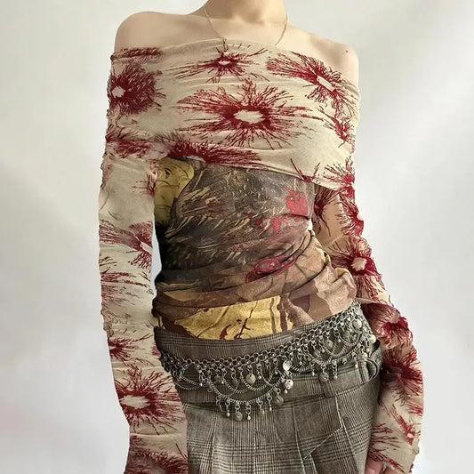 Fairycore Bohemian Off Shoulder Top Light Brown