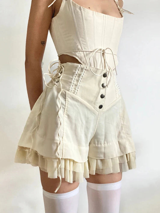 Fairycore Ruffled Lace Up Shorts Beige