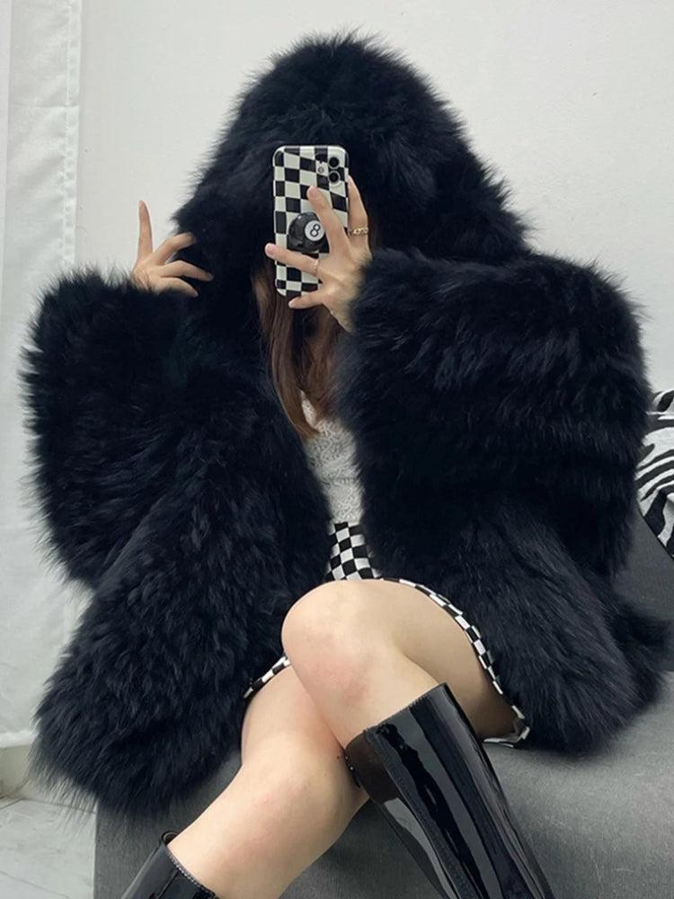 Faux Fur Hooded Jacket Black