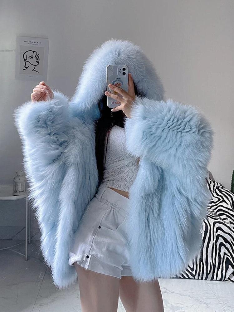 Faux Fur Hooded Jacket Light Blue