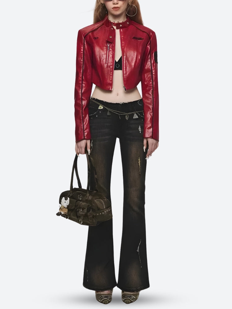 Faux Biker Red Leather Jacket