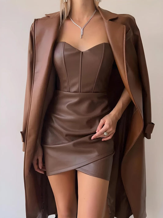 Faux Leather Corset Mini Dress Brown
