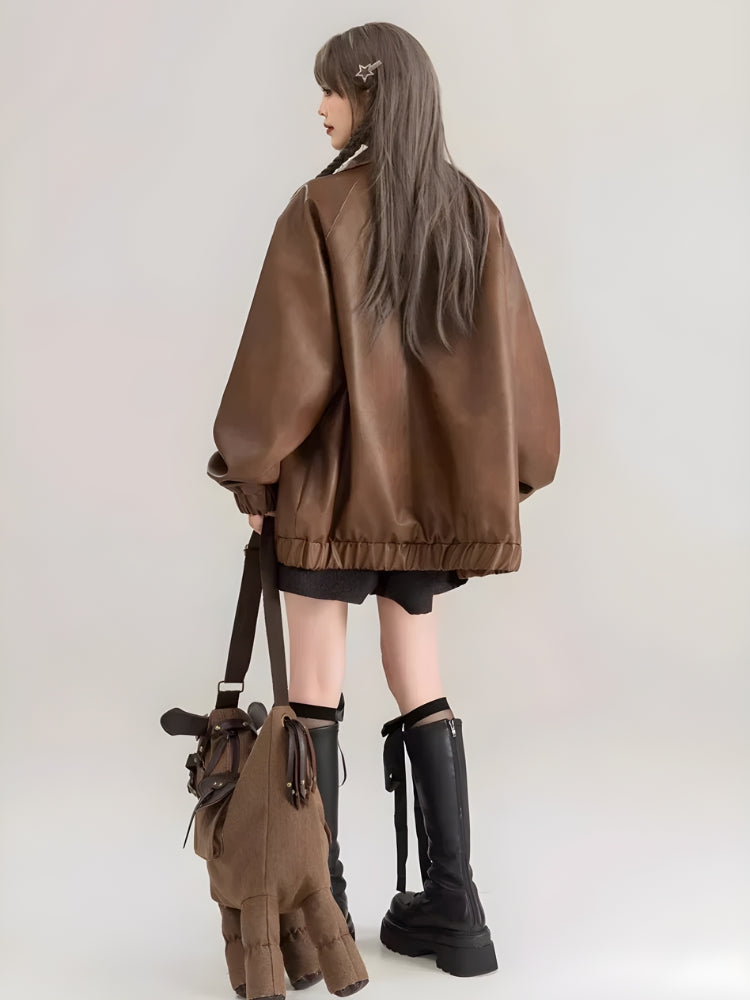 Faux Oversized Brown Leather Jacket