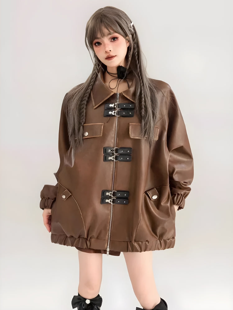 Faux Oversized Brown Leather Jacket