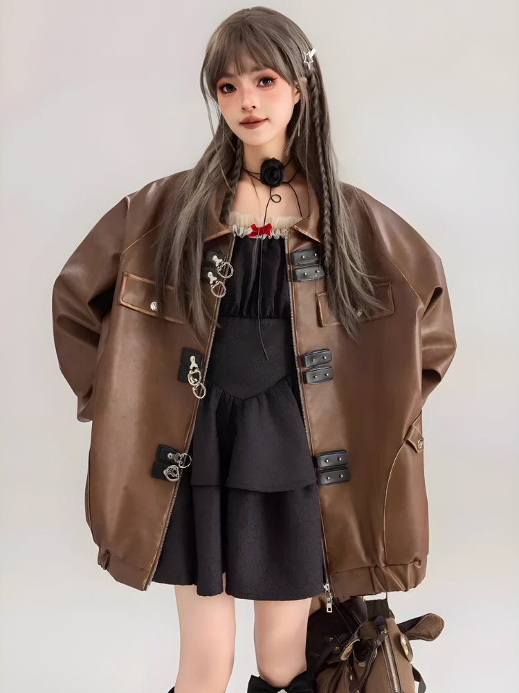 Faux Oversized Brown Leather Jacket