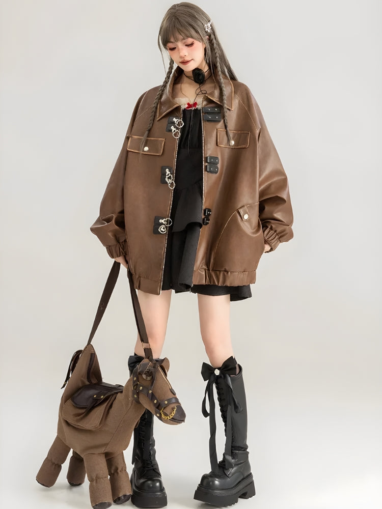 Faux Oversized Brown Leather Jacket Brown