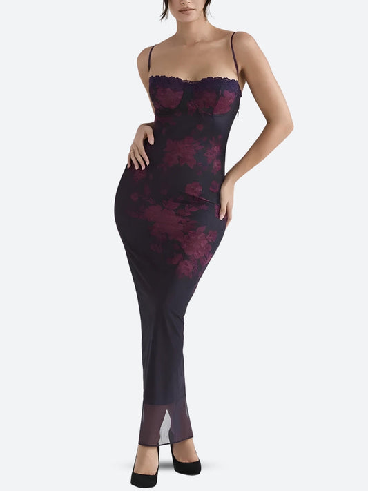 Floral Bodycon Lace Up Mesh Maxi Dress Purple