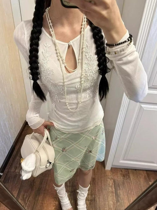 Floral Embroidered Mesh Top White