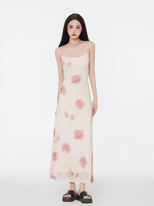Floral Mesh Spaghetti Strap Maxi Dress Beige