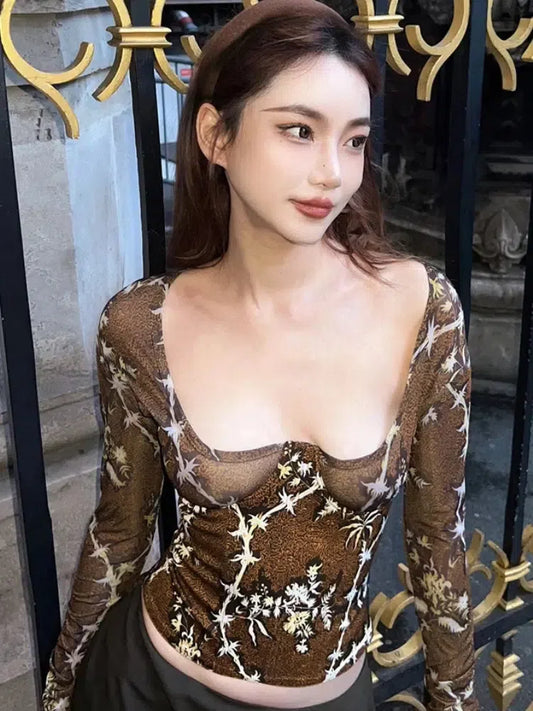 Floral Square Neck Corset Top Brown