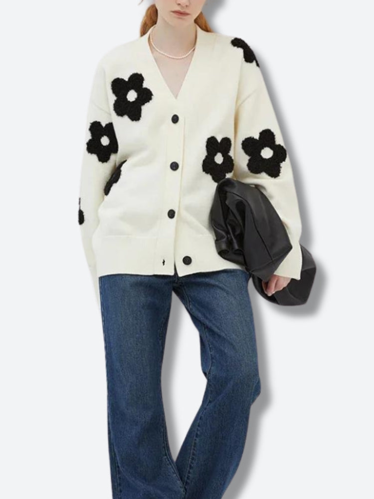 Flower Black Cardigan White