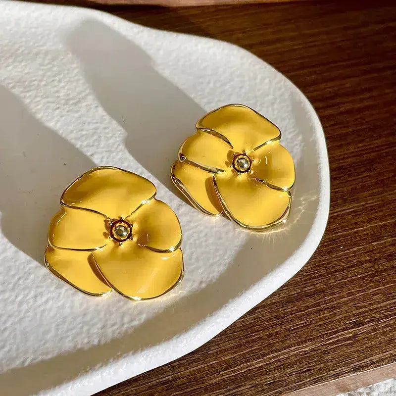 Flower Gold Stud Earrings Yellow