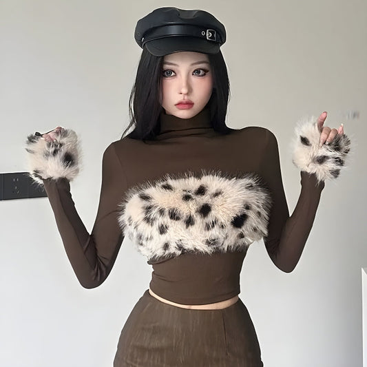 Fluffy Leopard Top Brown