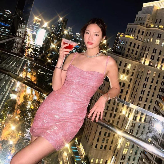 Glitter Backless Mini Dress Pink