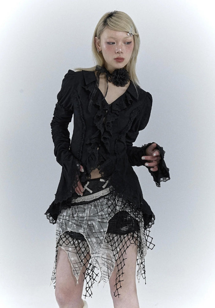 Goth Asymmetric Ruched Sleeve Shirt Black