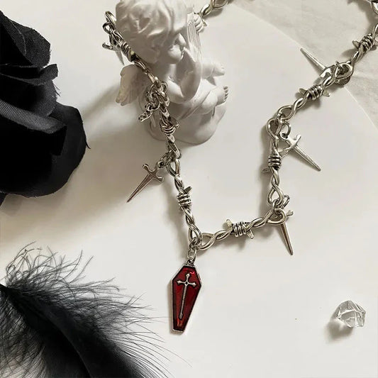 Goth Coffin & Swords Necklace Silver