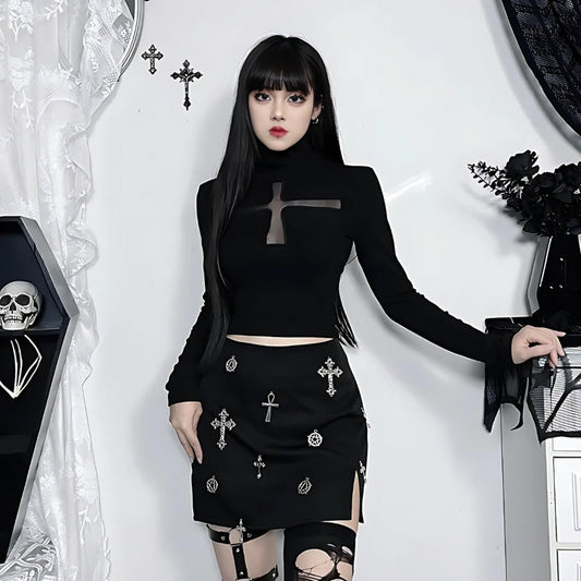 Goth Cross Cut Out Top Black