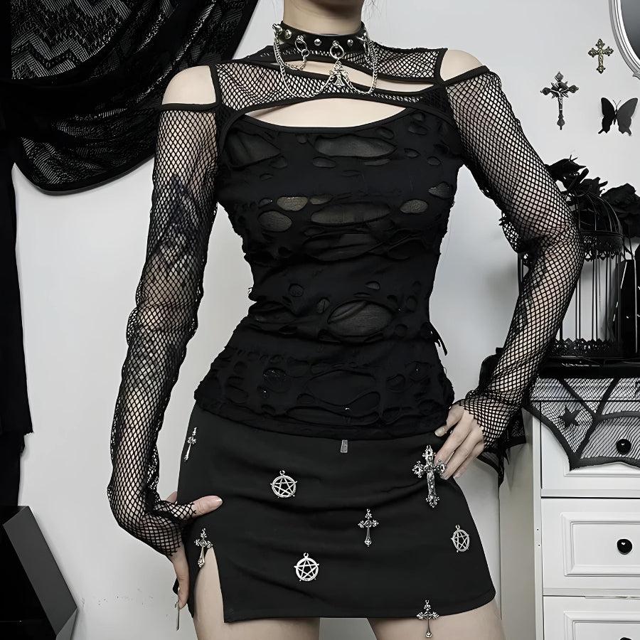 Goth Fishnet Ripped Top Black