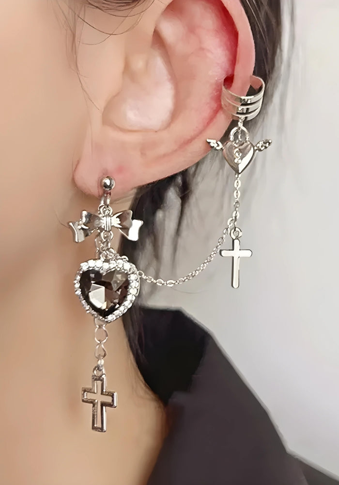 Goth Heart Cross Chain Earrings Silver