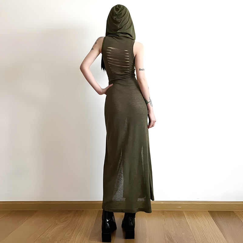 Goth Hooded Cut Out Back Midi Dress